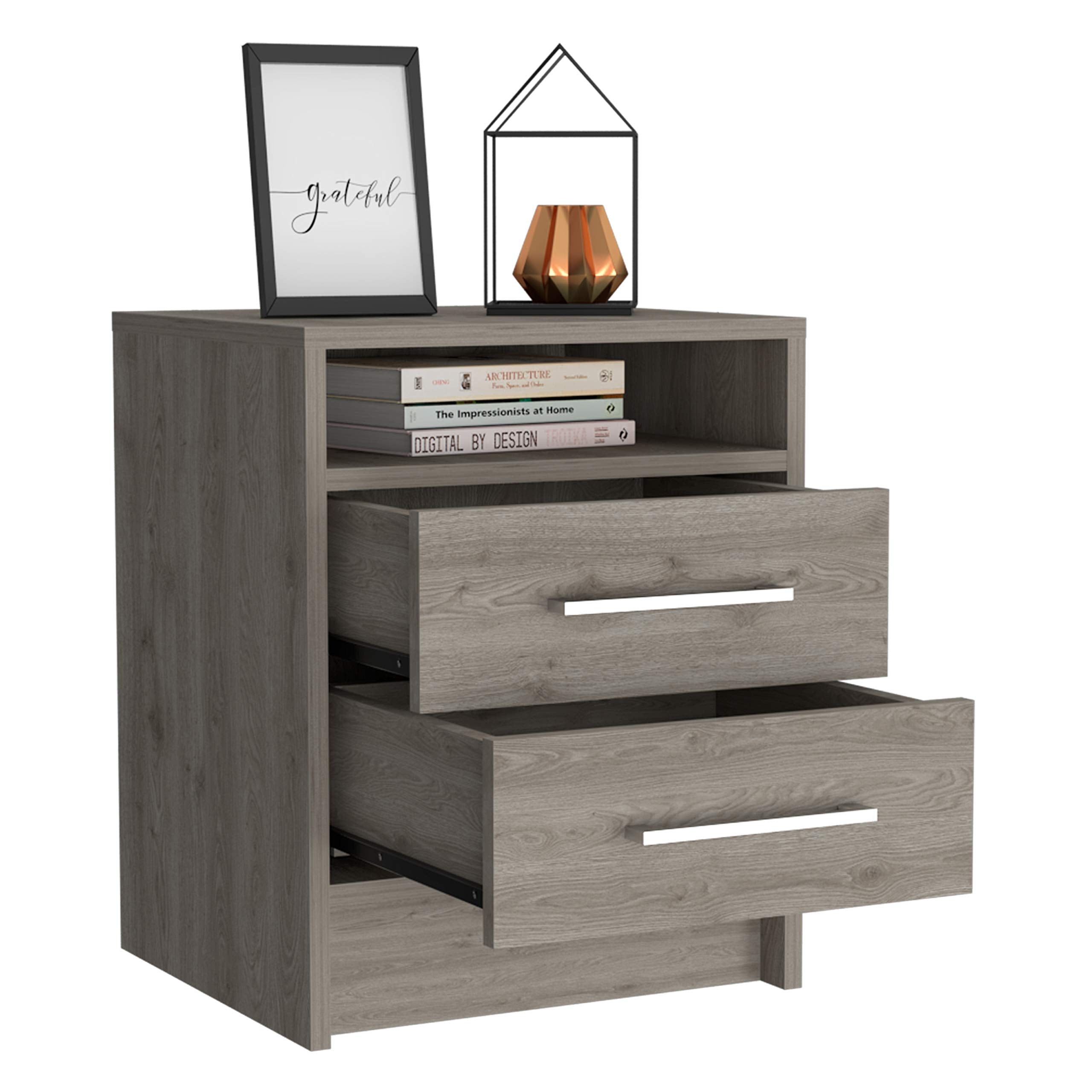 Nightstand 20" H, 2 Drawers, Superior Top, Metal Handles, Light Gray